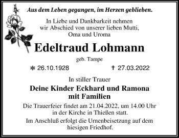 Traueranzeige von Edeltraud Lohmann von Trauerkombi Dessau