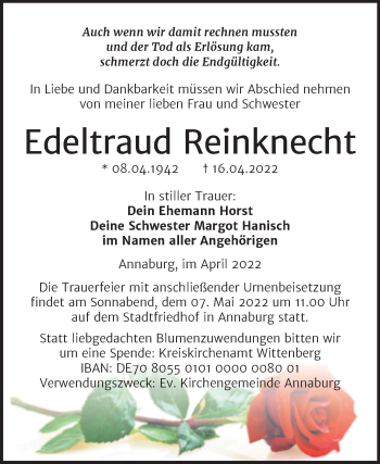 Traueranzeige von Edeltraud Reinknecht von Trauerkombi Wittenberg