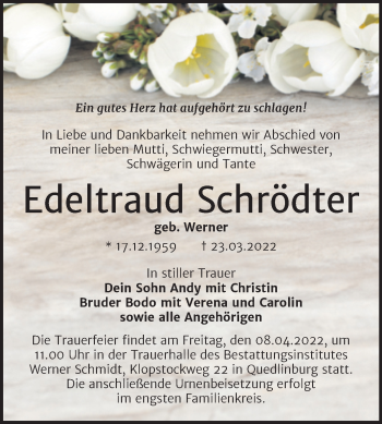 Traueranzeige von Edeltraud Schrödter von Trauerkombi Quedlinburg