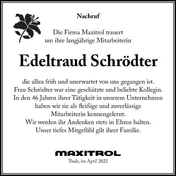 Traueranzeige von Edeltraud Schrödter von Mitteldeutsche Zeitung Quedlingburg