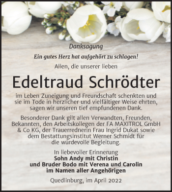 Traueranzeige von Edeltraud Schrödter von Trauerkombi Quedlinburg