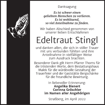 Traueranzeige von Edeltraut Stingl von Trauerkombi Quedlinburg