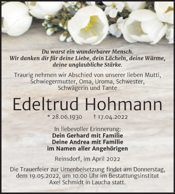 Traueranzeige von Edeltrud Hohmann von Naumburger Tageblatt