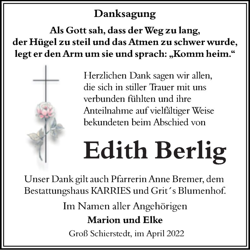  Traueranzeige für Edith Berlig vom 16.04.2022 aus Trauerkombi Aschersleben