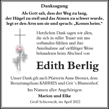 Traueranzeige von Edith Berlig von Trauerkombi Aschersleben