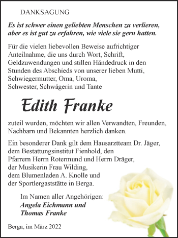Traueranzeige von Edith Franke von Trauerkombi Sangerhausen