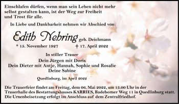 Traueranzeige von Edith Nehring von Trauerkombi Quedlinburg