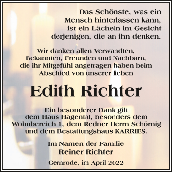 Traueranzeige von Edith Richter von Trauerkombi Quedlinburg
