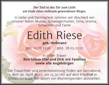 Traueranzeige von Edith Riese von Trauerkombi Mansfelder Land