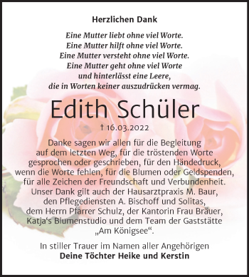Traueranzeige von Edith Schüler von Trauerkombi Wittenberg