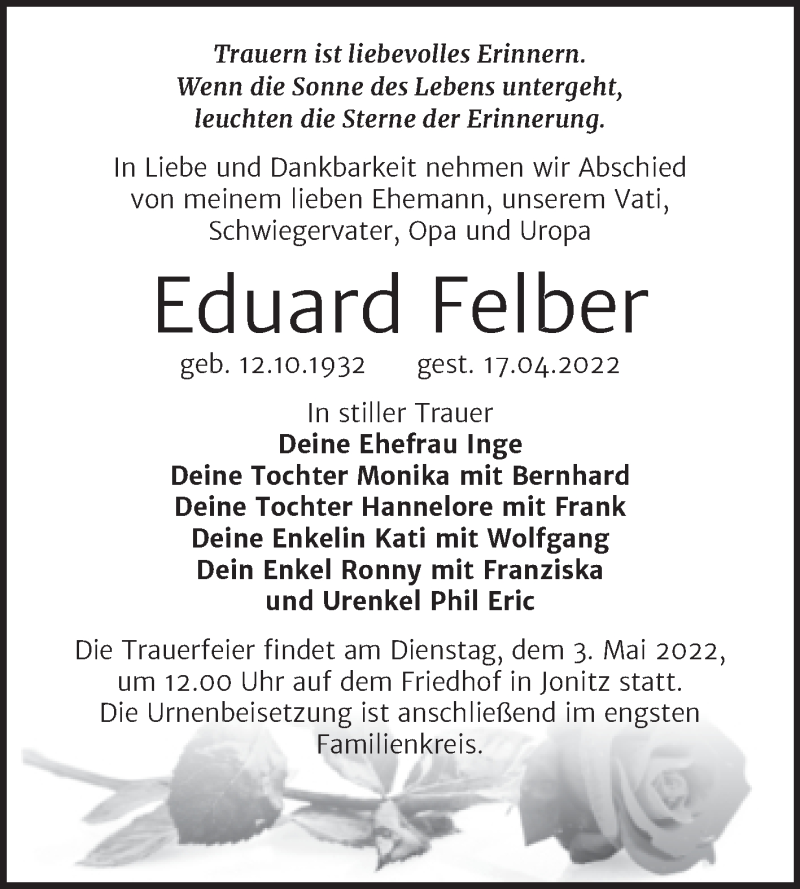  Traueranzeige für Eduard Felber vom 22.04.2022 aus Trauerkombi Köthen