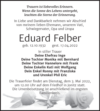 Traueranzeige von Eduard Felber von Trauerkombi Dessau