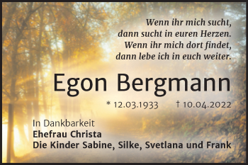 Traueranzeige von Egon Bergmann von Trauerkombi Zeitz
