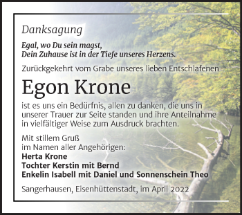 Traueranzeige von Egon Krone von Trauerkombi Sangerhausen
