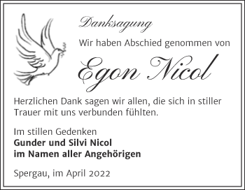 Traueranzeige von Egon Nicol von Trauerkombi Merseburg