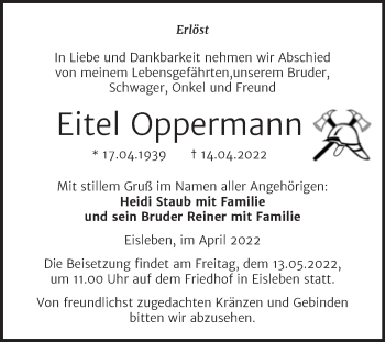 Traueranzeige von Eitel Oppermann von Trauerkombi Mansfelder Land