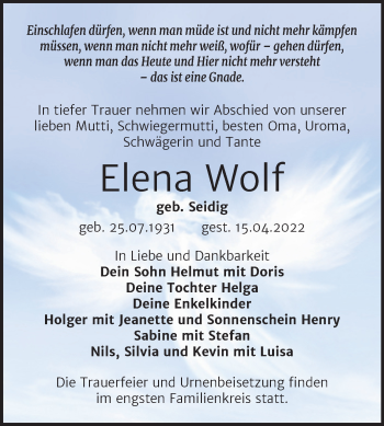 Traueranzeige von Elena Wolf von Trauerkombi Wittenberg