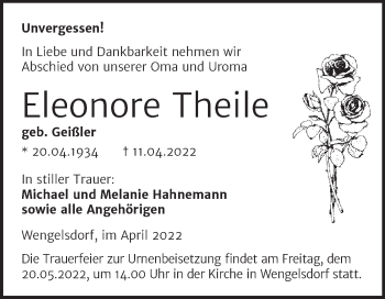 Traueranzeige von Eleonore Theile von Trauerkombi Weißenfels