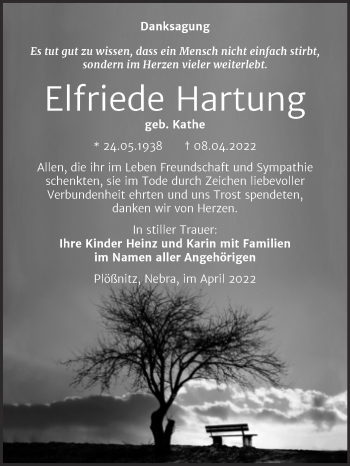 Traueranzeige von Elfriede Hartung von Wochenspiegel Naumburg/Nebra