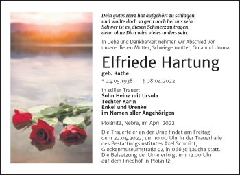 Traueranzeige von Elfriede Hartung von Wochenspiegel Naumburg/Nebra