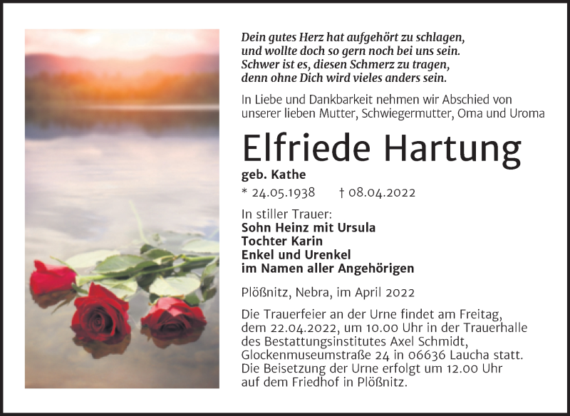  Traueranzeige für Elfriede Hartung vom 20.04.2022 aus Wochenspiegel Naumburg/Nebra
