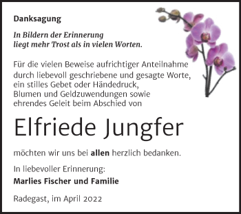 Traueranzeige von Elfriede Jungfer von Trauerkombi Köthen