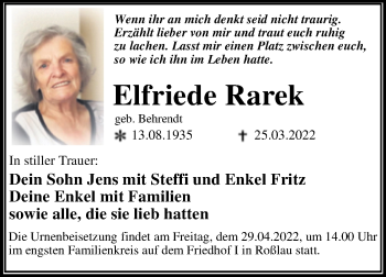 Traueranzeige von Elfriede Rarek von Trauerkombi Dessau