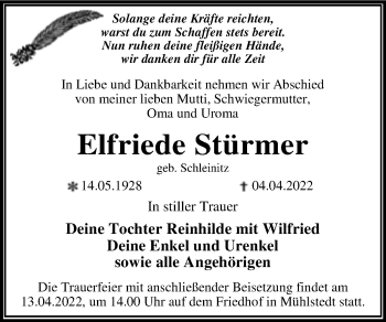 Traueranzeige von Elfriede Stürmer von Trauerkombi Dessau