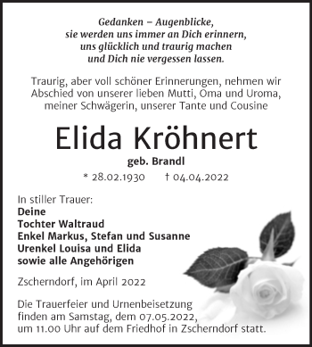 Traueranzeige von Elida Kröhnert von Trauerkombi Bitterfeld