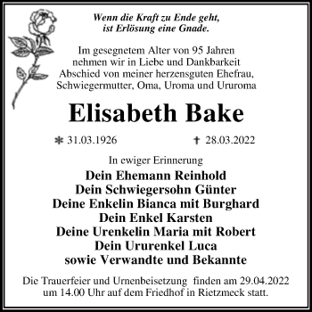 Traueranzeige von Elisabeth Bake von Trauerkombi Dessau