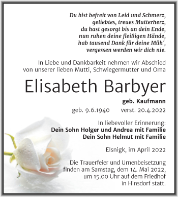 Traueranzeige von Elisabeth Barbyer von Trauerkombi Köthen