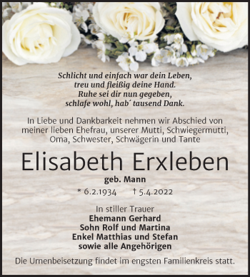 Traueranzeige von Elisabeth Erxleben von Trauerkombi Köthen
