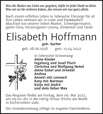 Traueranzeige von Elisabeth Hoffmann von Trauerkombi Aschersleben
