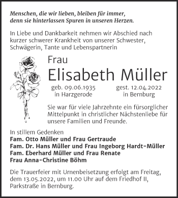 Traueranzeige von Elisabeth Müller von Trauerkombi Bernburg