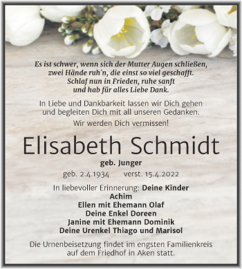 Traueranzeige von Elisabeth Schmidt von Trauerkombi Dessau