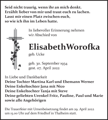 Traueranzeige von Elisabeth Worofka von Trauerkombi Bitterfeld