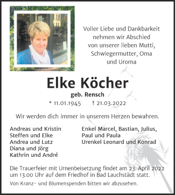 Traueranzeige von Elke Köcher von Trauerkombi Merseburg