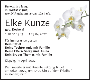 Traueranzeige von Elke Kunze von Trauerkombi Köthen