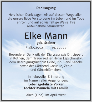 Traueranzeige von Elke Mann von Trauerkombi Köthen