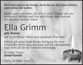 Traueranzeige von Ella Grimm von Mitteldeutsche Zeitung Halle/Saalkreis