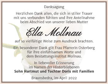 Traueranzeige von Ella Mollnau von Trauerkombi Merseburg