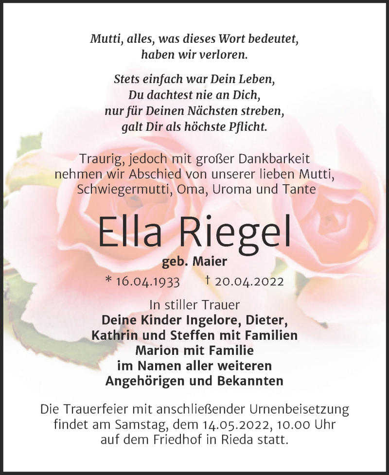  Traueranzeige für Ella Riegel vom 30.04.2022 aus Trauerkombi Bitterfeld