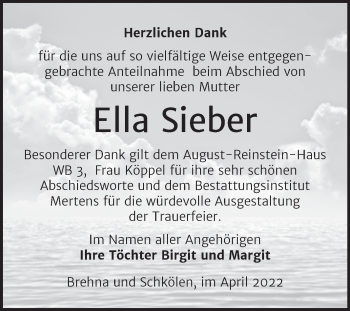 Traueranzeige von Ella Sieber von Wochenspiegel Naumburg/Nebra