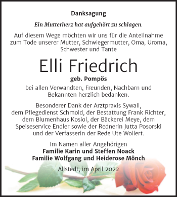 Traueranzeige von Elli Friedrich von Trauerkombi Sangerhausen