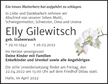 Traueranzeige von Elly Gilewitsch von Mitteldeutsche Zeitung Halle/Saalkreis