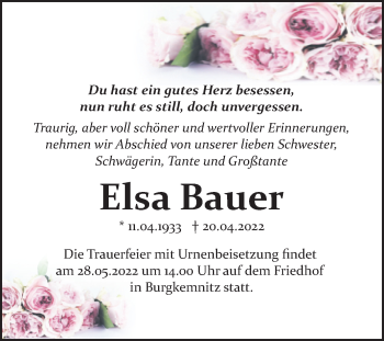 Traueranzeige von Elsa Bauer von Trauerkombi Bitterfeld