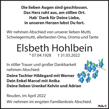 Traueranzeige von Elsbeth Hohlbein von Trauerkombi Zeitz
