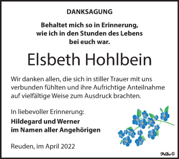 Traueranzeige von Elsbeth Hohlbein von Trauerkombi Zeitz