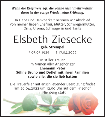 Traueranzeige von Elsbeth Ziesecke von Trauerkombi Bernburg