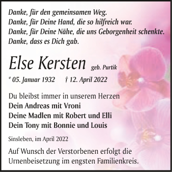 Traueranzeige von Else Kersten von Trauerkombi Quedlinburg